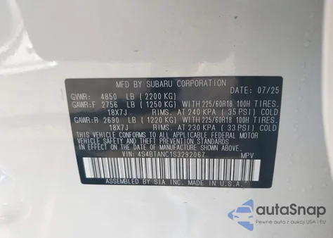 2025 Subaru Outback Limited from USA, damaged, VIN 4S4BTANC1S3292067